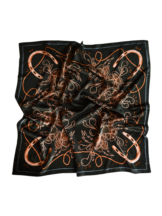 Navy Floral Horseshoe Cowgirl Scarf: Large 100% Mulberry Silk 35x35 Western Wild Rag