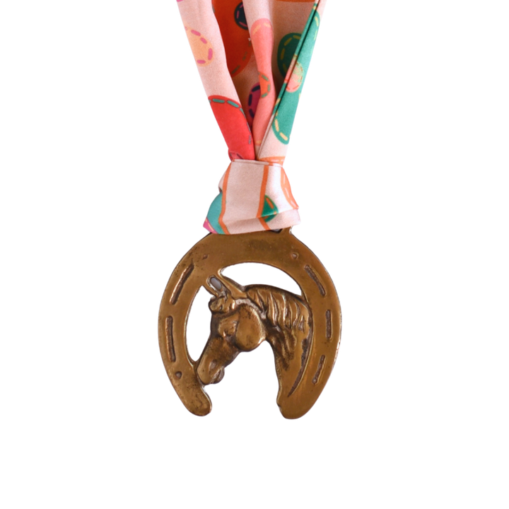 Vintage Horseshoe Brass Medallion Twilly Scarf Accessory