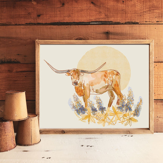Texas Longhorn and Bluebonnet Western Home Art Print