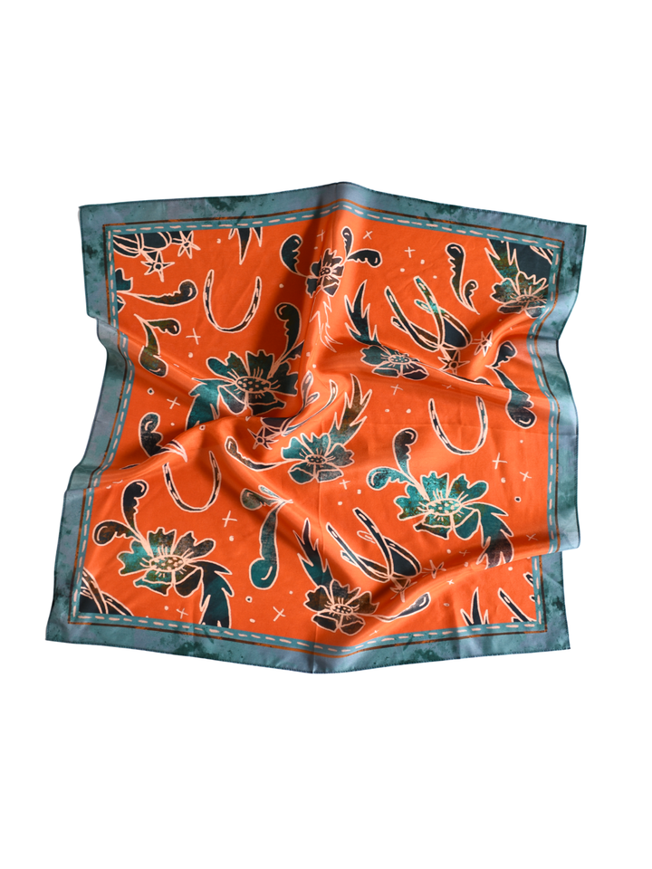 Spurs N’ Horseshoes in Rust Silk Western Cowgirl Wild Rag Scarf