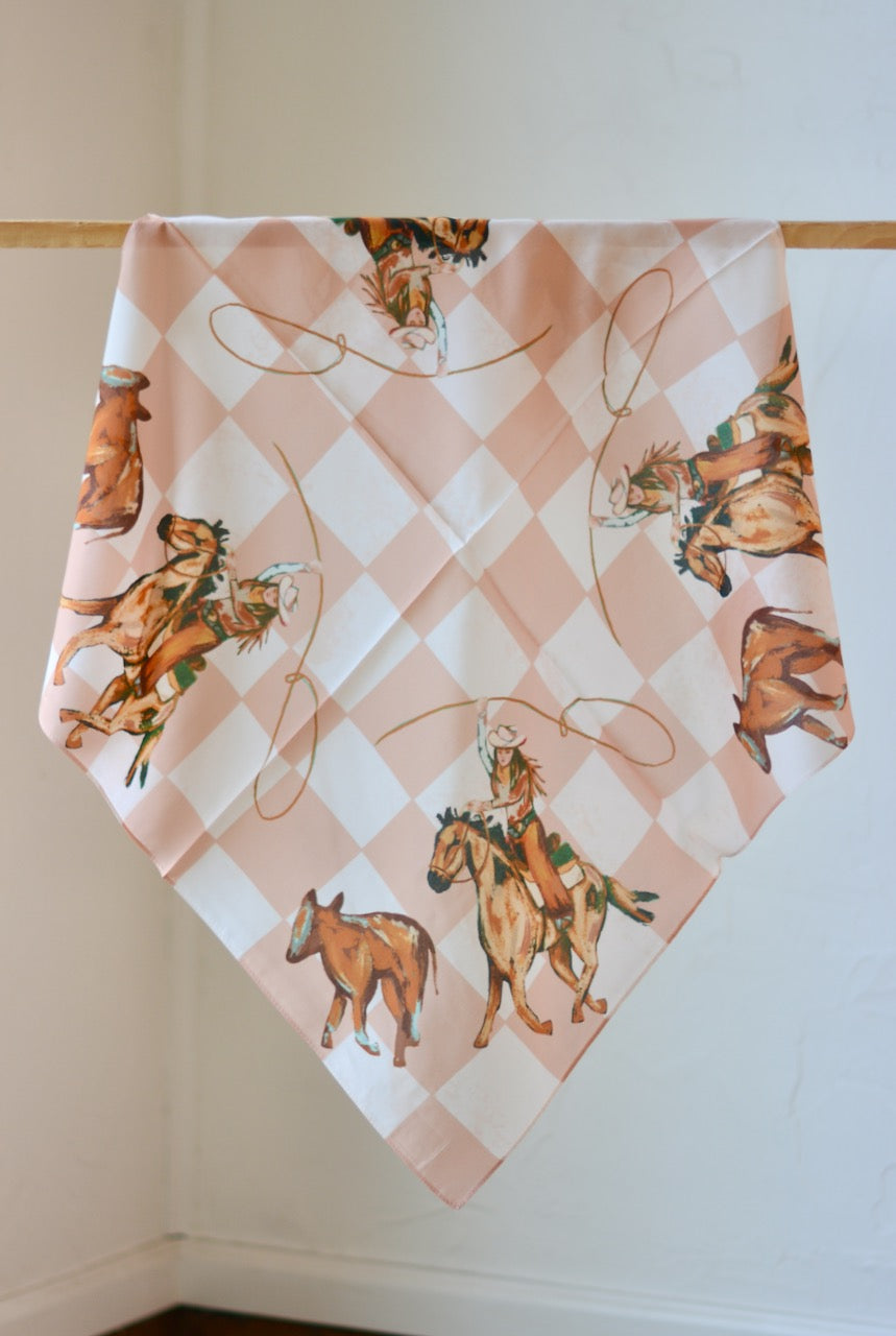 Cattle Roping Checkered Cowgirl Wild Rag: Western Scarf Bandana Silk Tencel Wildrag