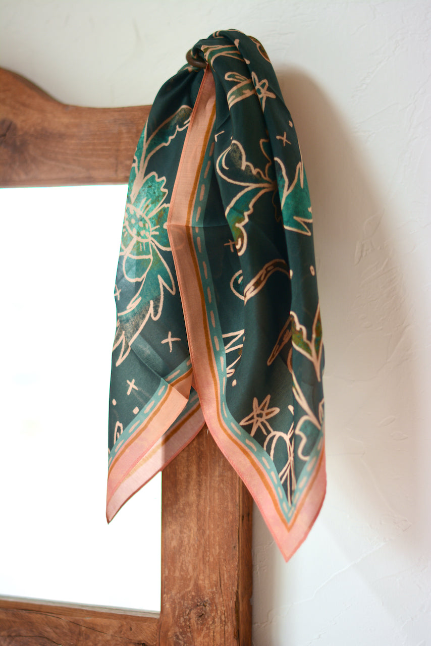 Spurs and Floral Turquoise and Peach Western Silk Wild Rag Scarf