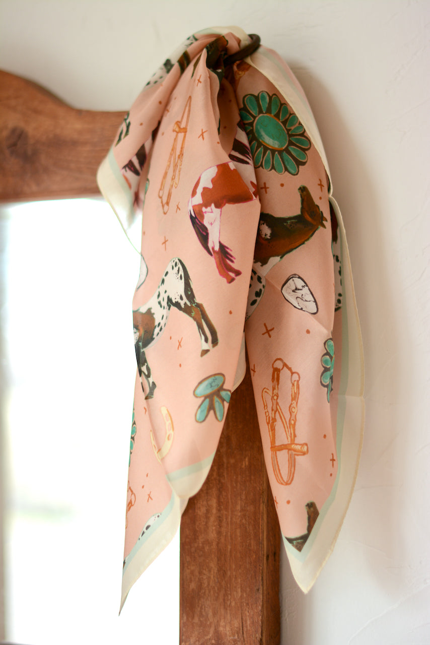 Western Silk Wild Rag Horses and Turquoise Peach Scarf – Tirzah Lane Art