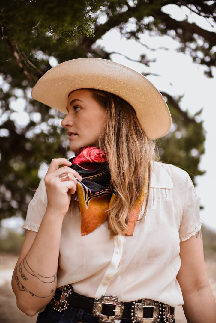 Rodeo Rose in Midnight Wild Rag Western Silk Scarf