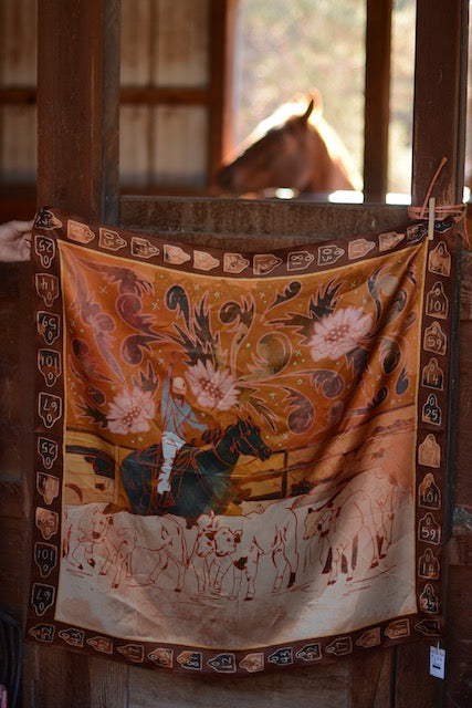 Round Up Large 100% Mulberry Silk 35x35: Floral Cattle Cowgirl Western Wild Rag
