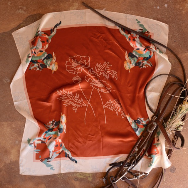 Poppy Cowgirl Large 100% Mulberry Silk 35x35: Wild Rag Western Red Scarf