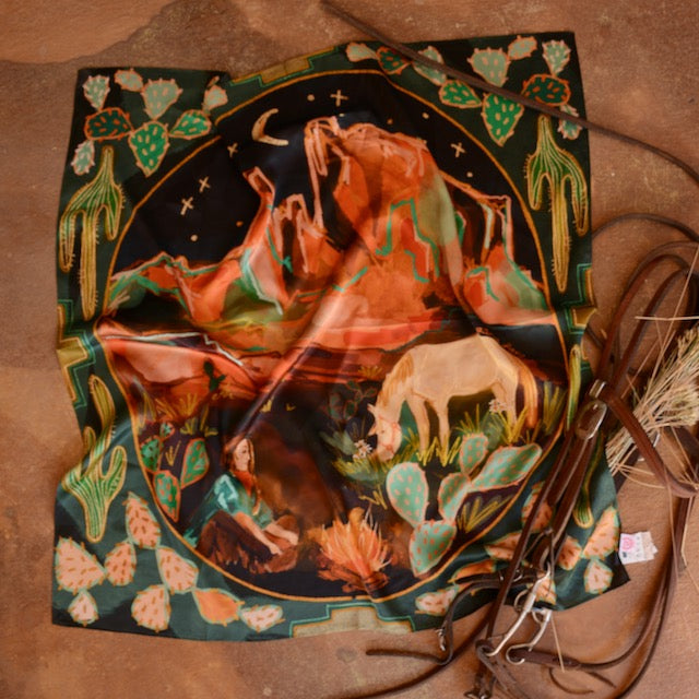 Desert Nights Large 100% Mulberry Silk 35x35: Western Wild Rag Cowgirl