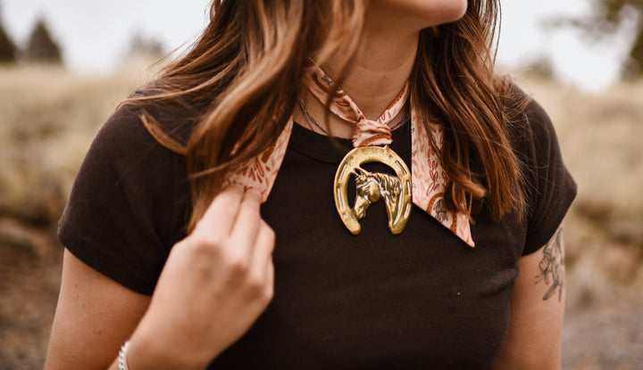 Vintage Horseshoe Brass Medallion Twilly Scarf Accessory