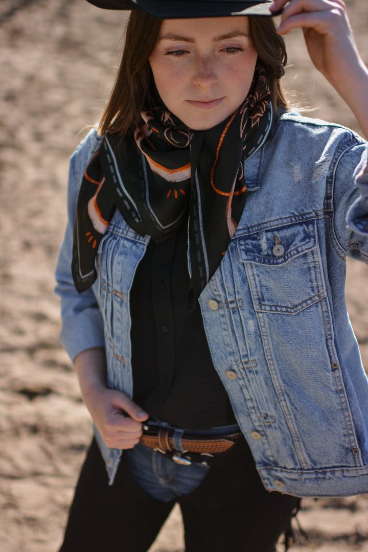 Navy Floral Horseshoe Cowgirl Scarf: Large 100% Mulberry Silk 35x35 Western Wild Rag