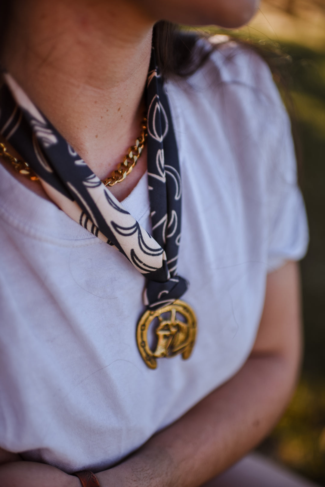 Vintage Horseshoe Brass Medallion Twilly Scarf Accessory