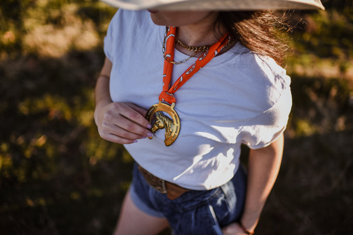 Vintage Horseshoe Brass Medallion Twilly Scarf Accessory