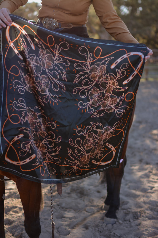 Navy Floral Horseshoe Cowgirl Scarf: 35x35 Western Mulberry Silk Wild Rag