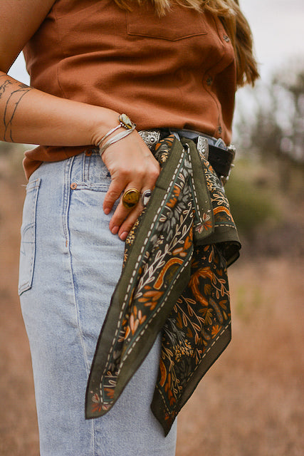 Western Harvest in Deep Juniper Silk Cowgirl Wild Rag Scarf