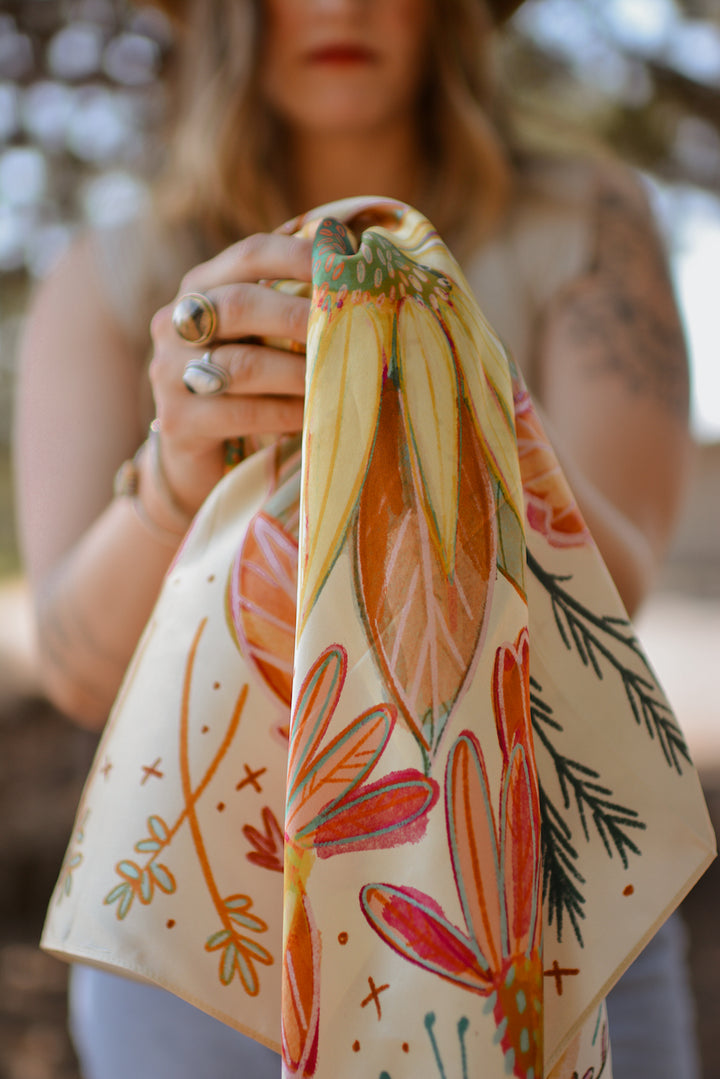 Lucky Wildflowers Large 100% Mulberry Silk 35x35: Cowgirl Western Scarf Wild Rag