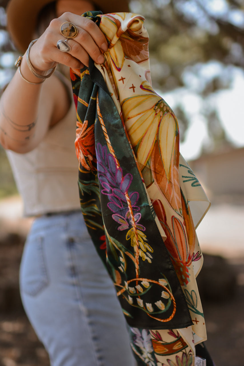 Vivid Wildflowers Large 100% Mulberry Silk 35x35: Western Cowgirl Wild Rag Scarf