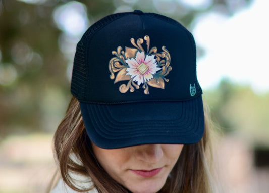 Western Tooled Leather Floral Pink and Black Trucker Hat