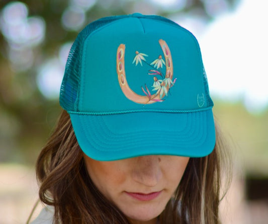 Lucky Cowgirl Western Turquoise Floral Horseshoe Trucker Hat