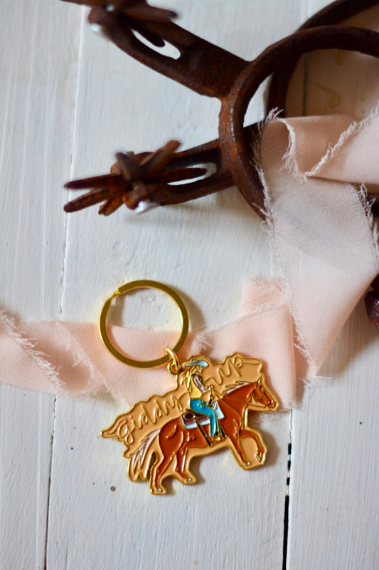 Western Horse Rider Giddy Up Cowgirl Gold Enamel Keychain