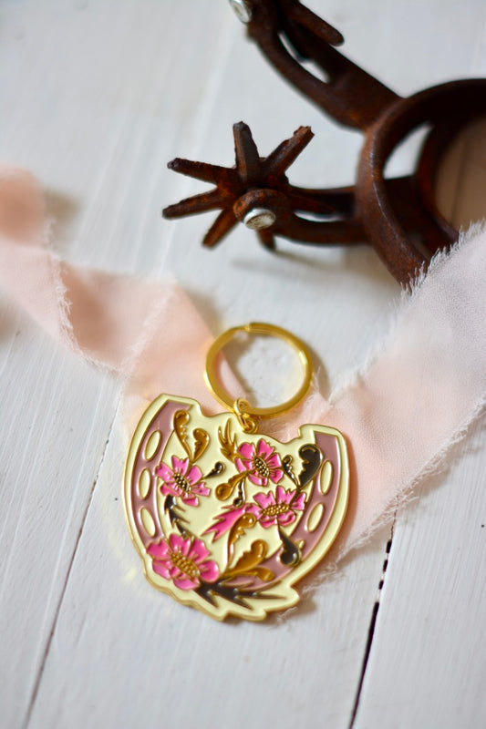 Western Floral Horseshoe Gold and Pink Enamel Keychain