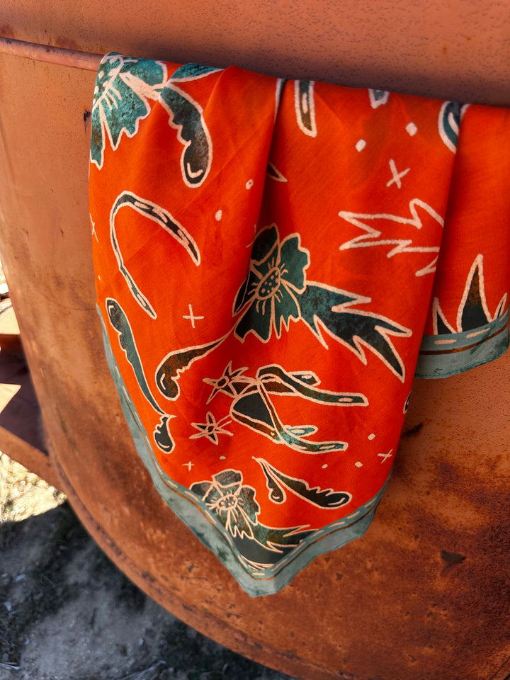Spurs N’ Horseshoes in Rust Silk Western Cowgirl Wild Rag Scarf