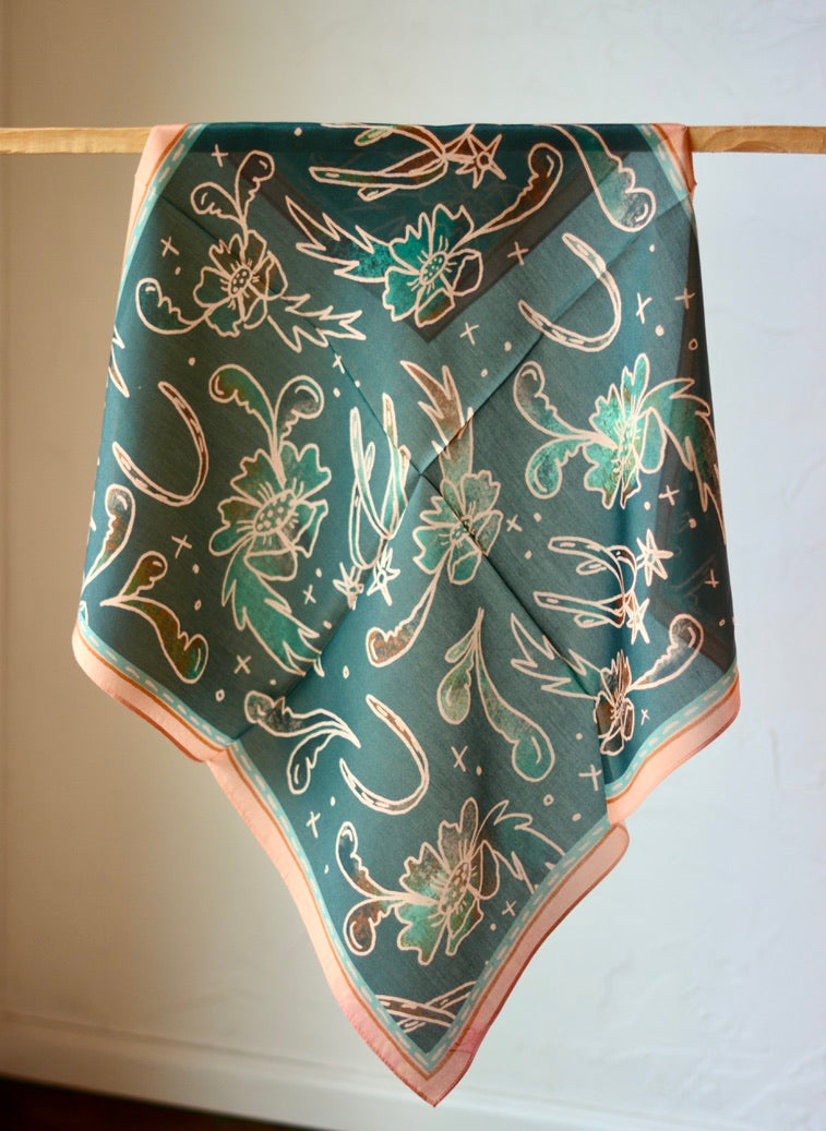 Spurs and Floral Turquoise and Peach Western Silk Wild Rag Scarf
