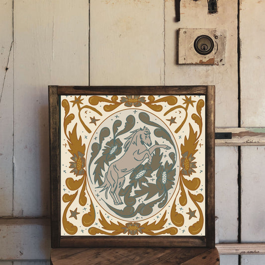 Rearing Wild Horse Western Floral Mustang Wild Horse Art Print