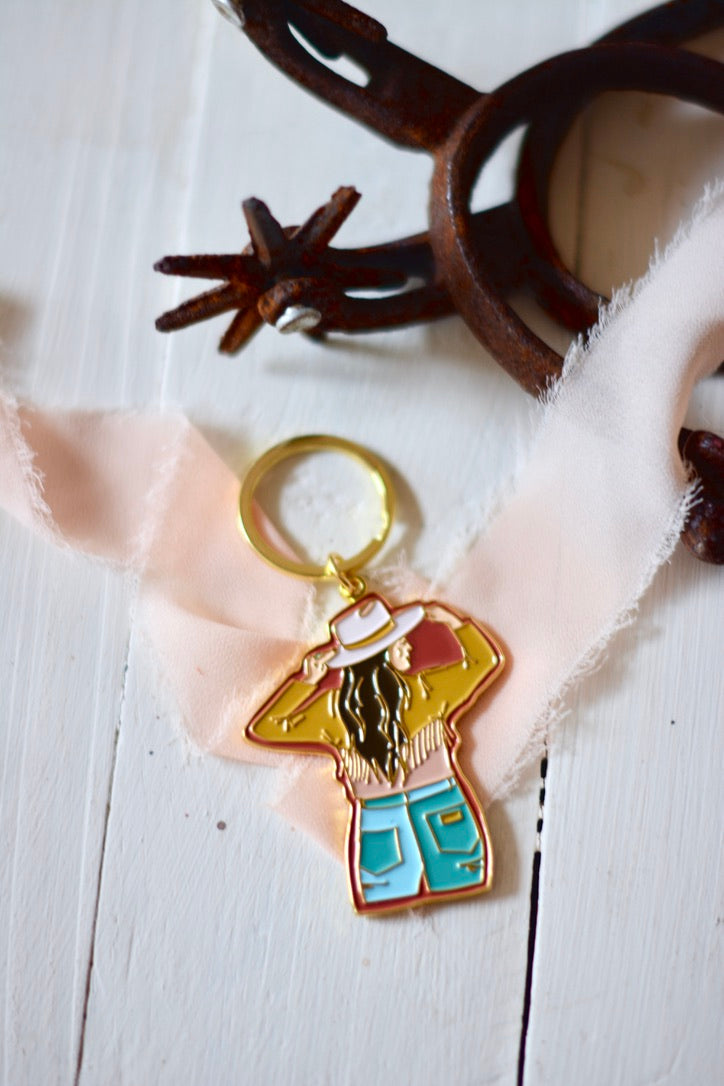 Western Cowgirl with Hat Turquoise and Gold Enamel Keychain