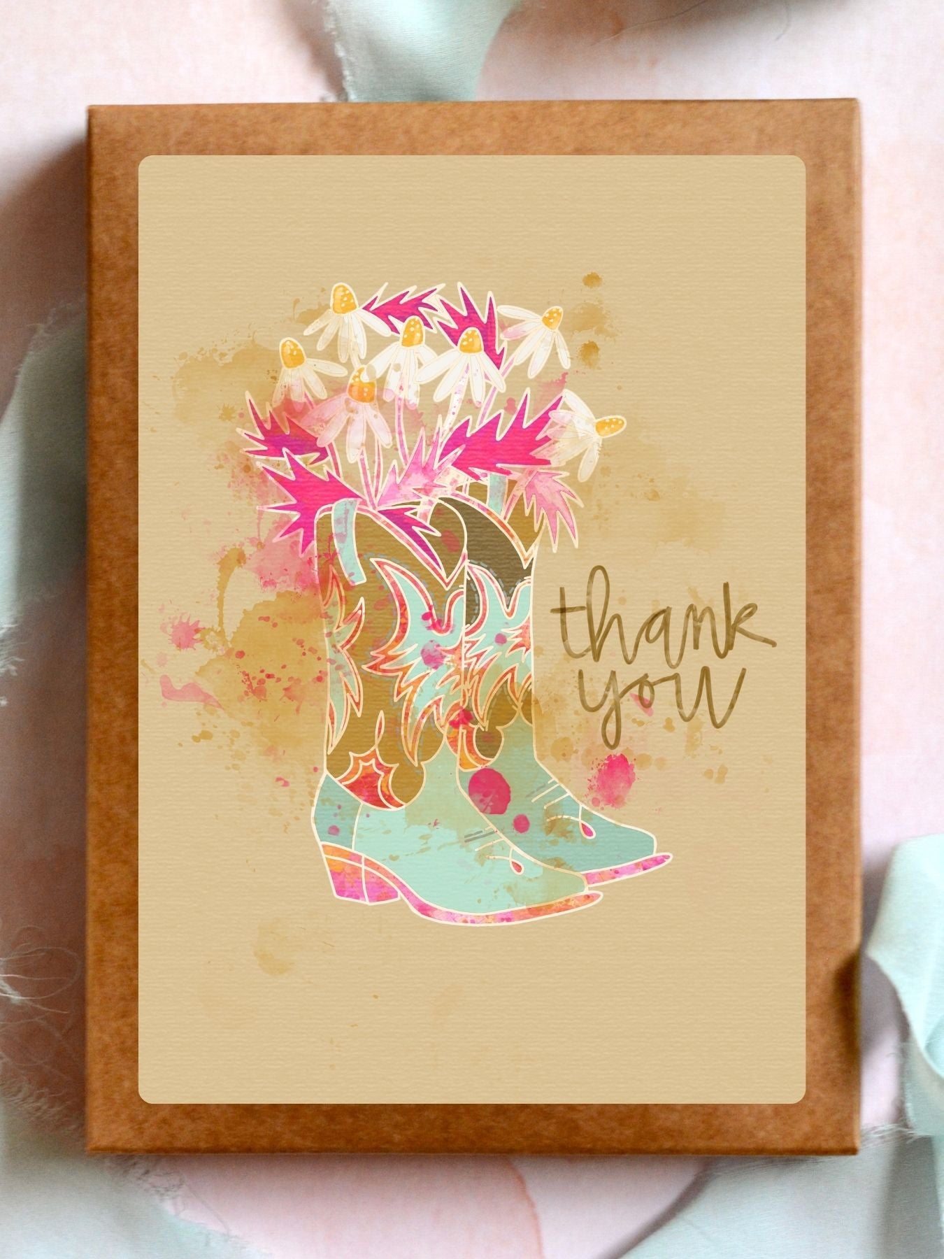 Western Floral Daisy Pink Cowgirl Boot Thank You Card Set