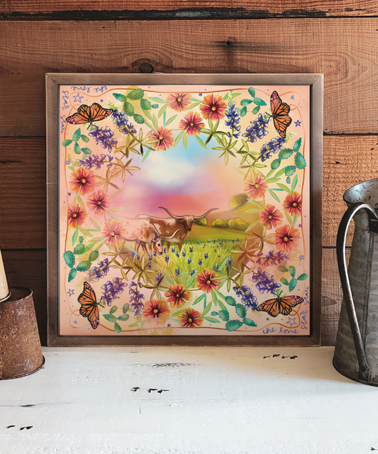 PRE-ORDER Heartland Series: Texas Hill Country Longhorns, monarchs and bluebonnets Western Art Print