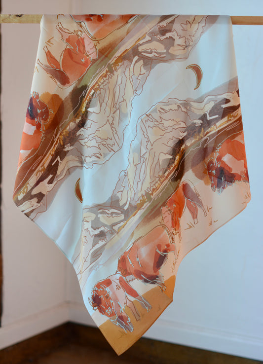 Bison and Mountain Range Western Buffalo Silk Wild Rag Scarf