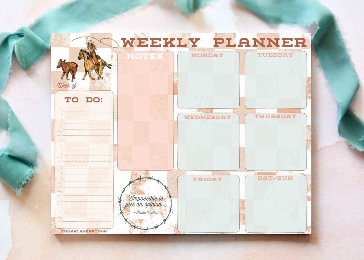 Cattle Roping Cowgirl Weekly Planner Western Rodeo, Desktop Large Notepad