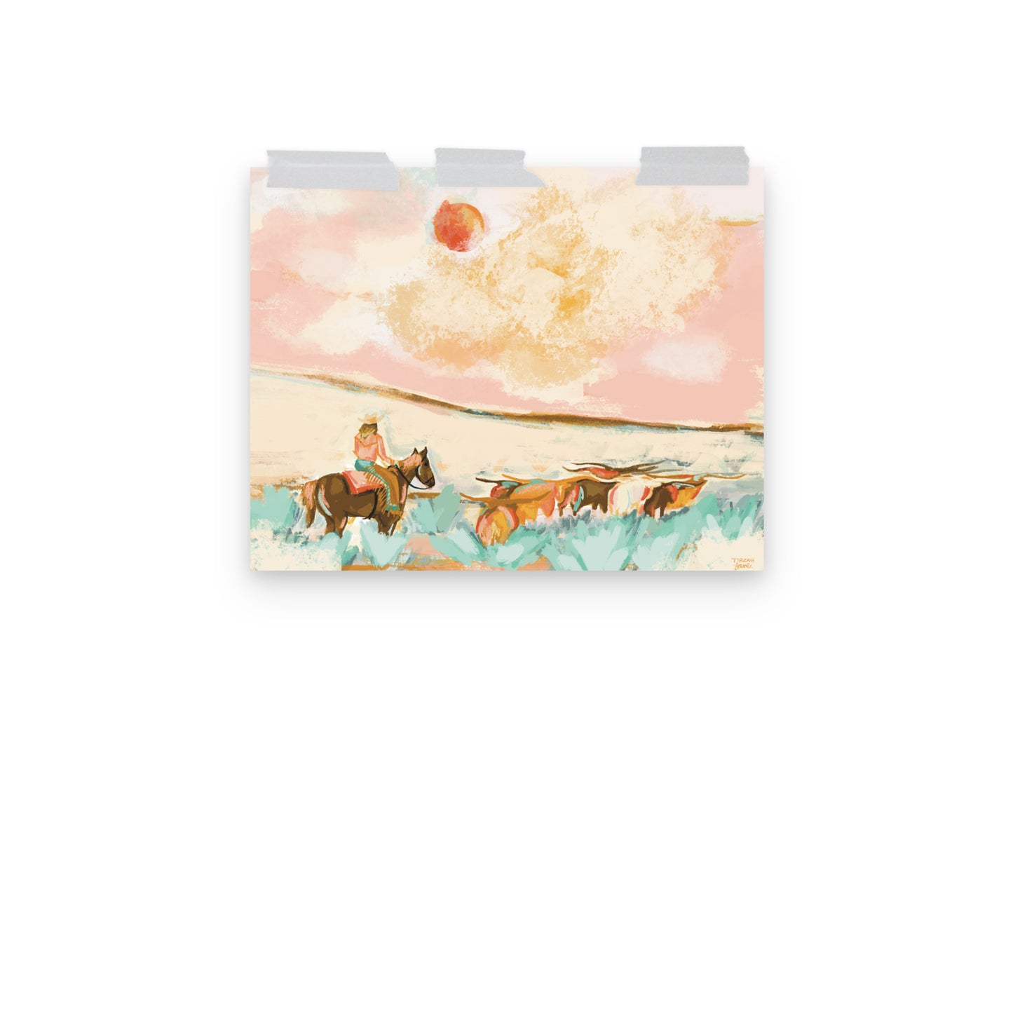 Cowgirl Sagebrush Cattle Drive, Longhorn Cattle, Ranching Art Print