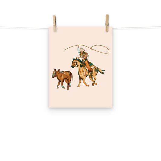 Rodeo Cowgirl with Calf Western Art Print