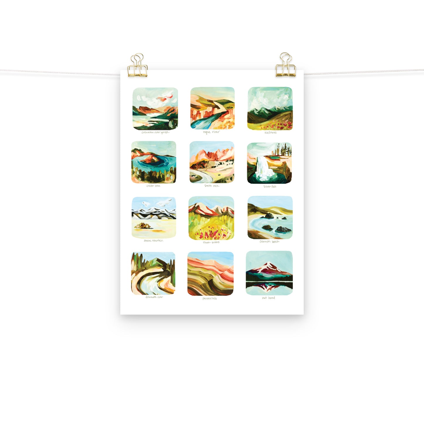 Oregon Colorful Art Print, Scenes of Oregon Art Print, 12 Oregon Mountains, Waterfalls and State Parks Art Print