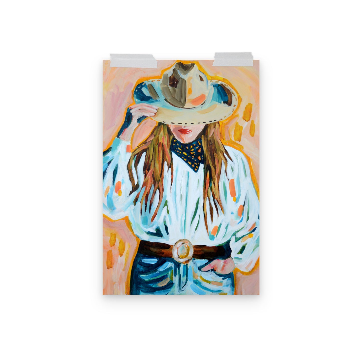 Cowgirl Western Archival Art Print with Cowboy Hat and Rodeo Queen Painting