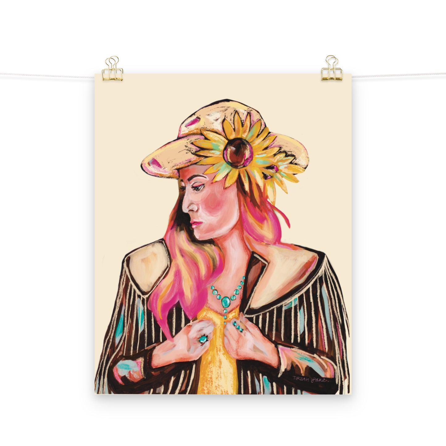Western Cowgirl Floral Sunflower Portrait Painting Art Print