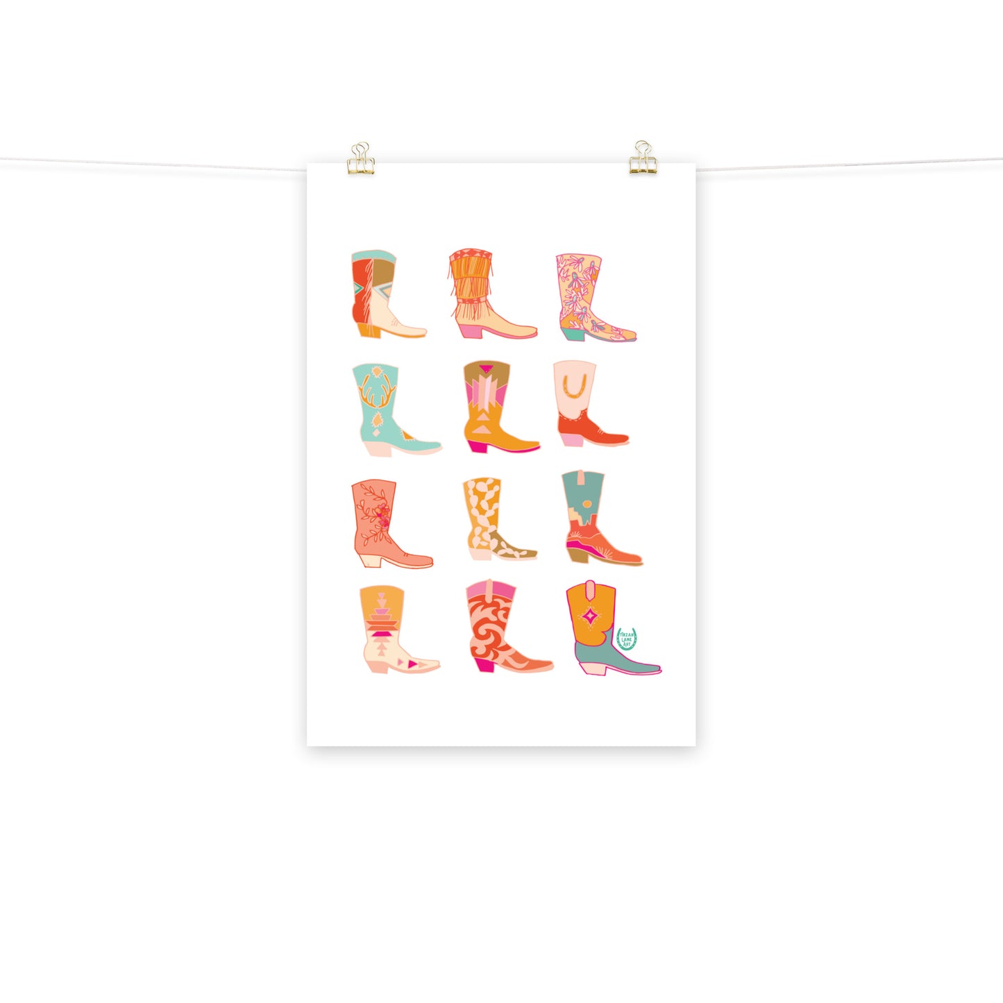 Cowgirl Western Colorful Pink Art Print Cowboy Boots Wall Art