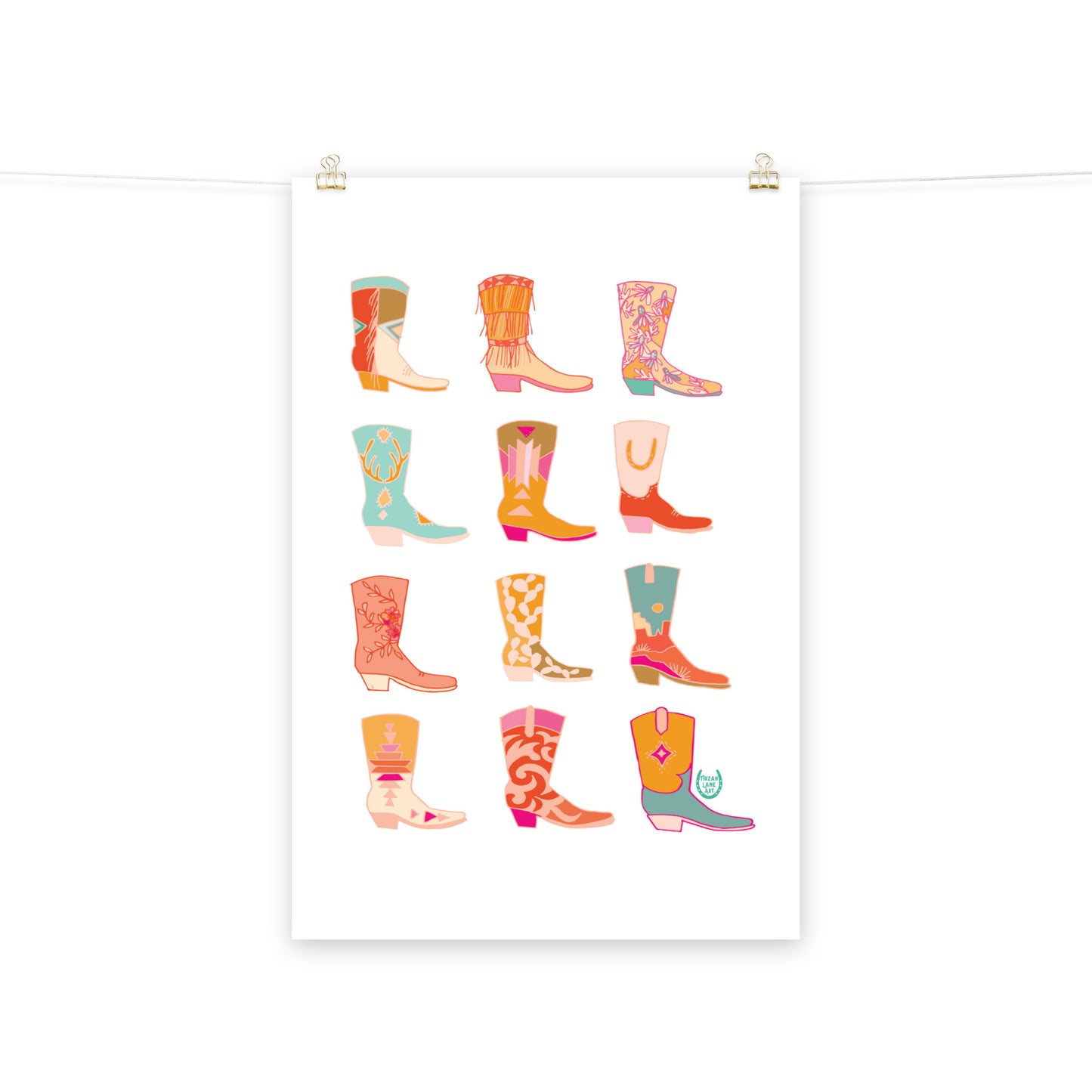 Cowgirl Western Colorful Pink Art Print Cowboy Boots Wall Art