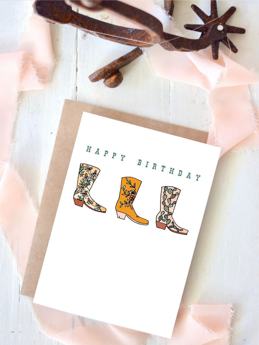 Happy Birthday Floral Cactus Cowboy Boots Birthday Card