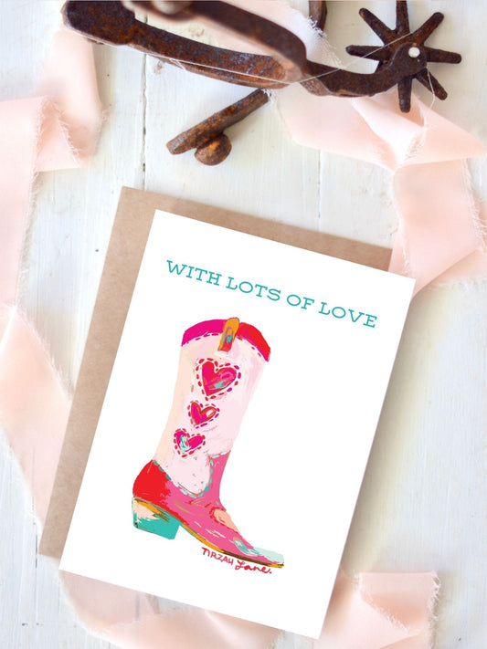 Lots of Love, Pink Heart Western Boot Card, Just Because Card, Thinking Of You Card