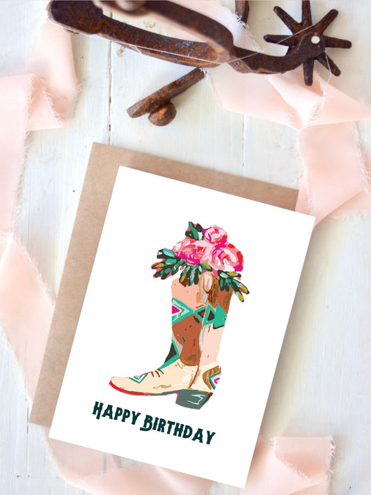 Happy Birthday Roses Cowboy Boot Birthday Card