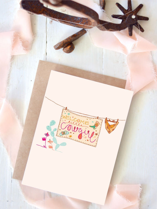 Welcome Baby Card, Western Baby Cowgirl, Baby Shower Card